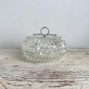 Vintage Diamond Point Cut Glass Trinket Dish Metal Ring Handle Vanity Jar
